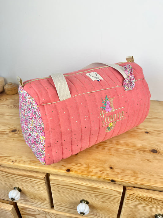 Louison le sac polochon enfant matelassé Liberty emma hibiscus et double gaze corail doré