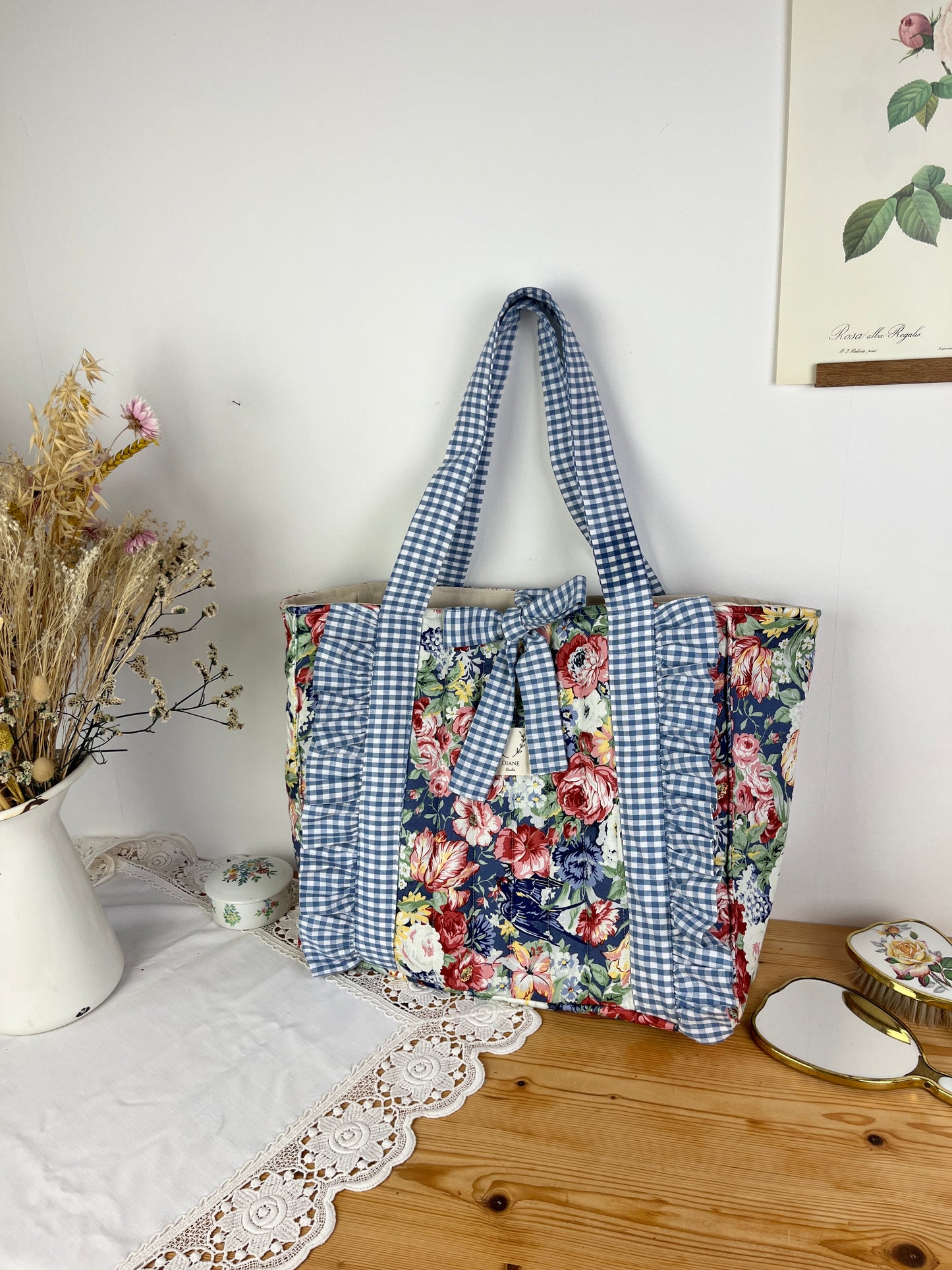 Le cabas Céleste roses et vichy bleu