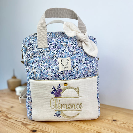 Le sac à dos enfant Ombeline personnalisé double gaze crème et Liberty wiltshire lilas