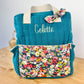 Le sac à dos enfant Ombeline personnalisé double gaze paon et Liberty thorpe tutti frutti