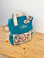 Le sac à dos enfant Ombeline personnalisé double gaze paon et Liberty thorpe tutti frutti