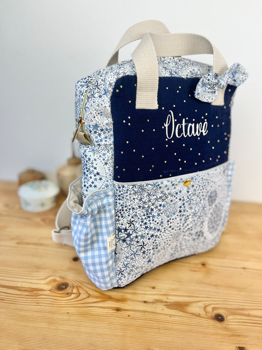 Le sac à dos enfant Ombeline  double gaze marine et liberty Adelajda bleu