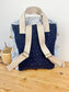 Le sac à dos enfant Ombeline  double gaze marine et liberty Adelajda bleu