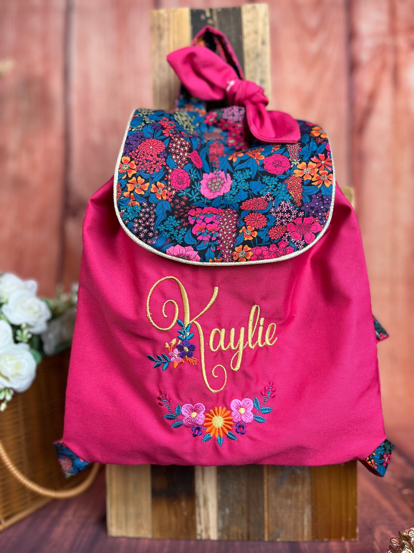 Le sac à dos enfant personnalisé Églantine gabardine fushia et Liberty Ciara