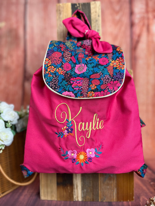 Le sac à dos enfant personnalisé Églantine gabardine fushia et Liberty Ciara