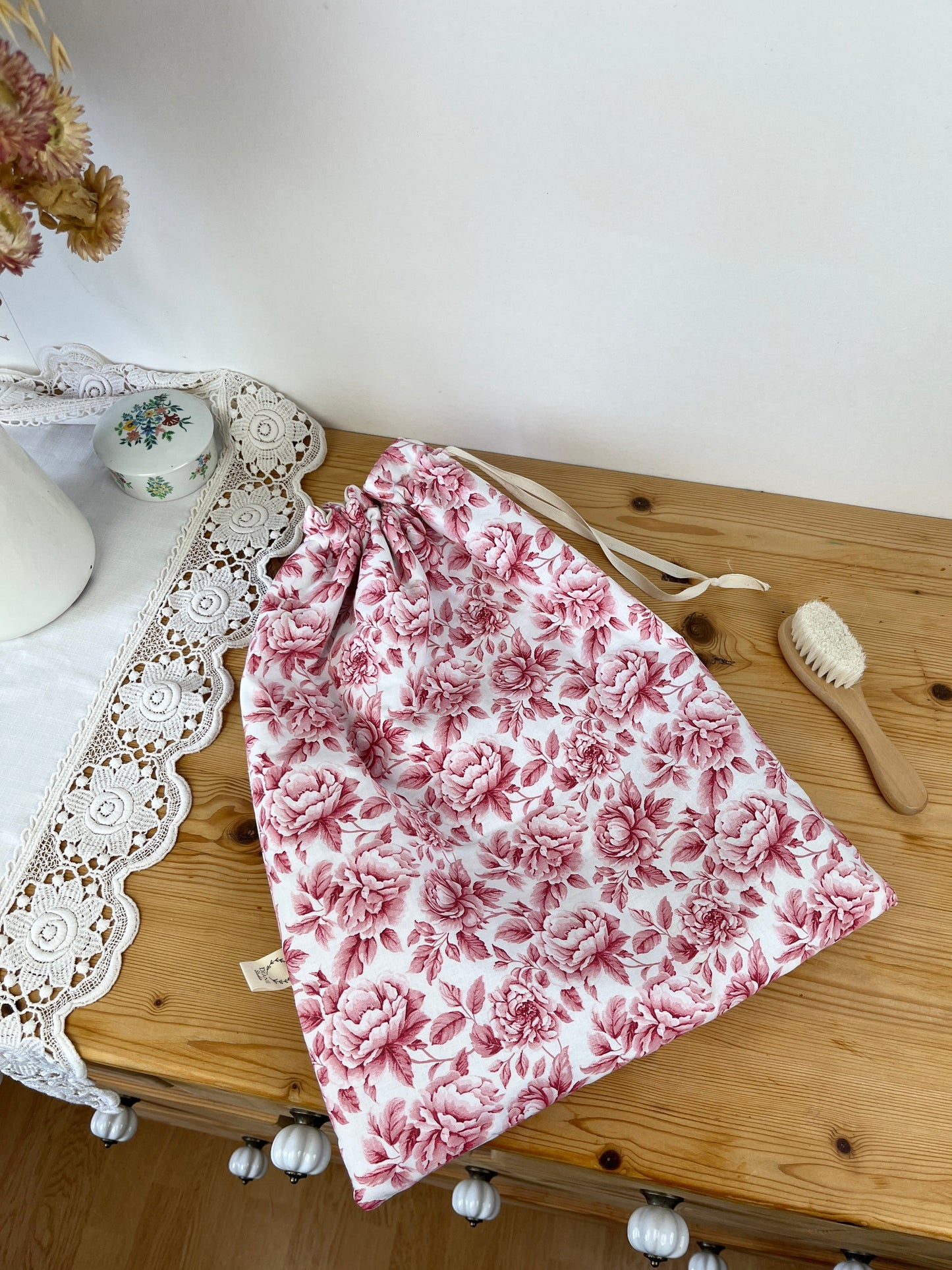 Pochon personnalisé pivoines cerise