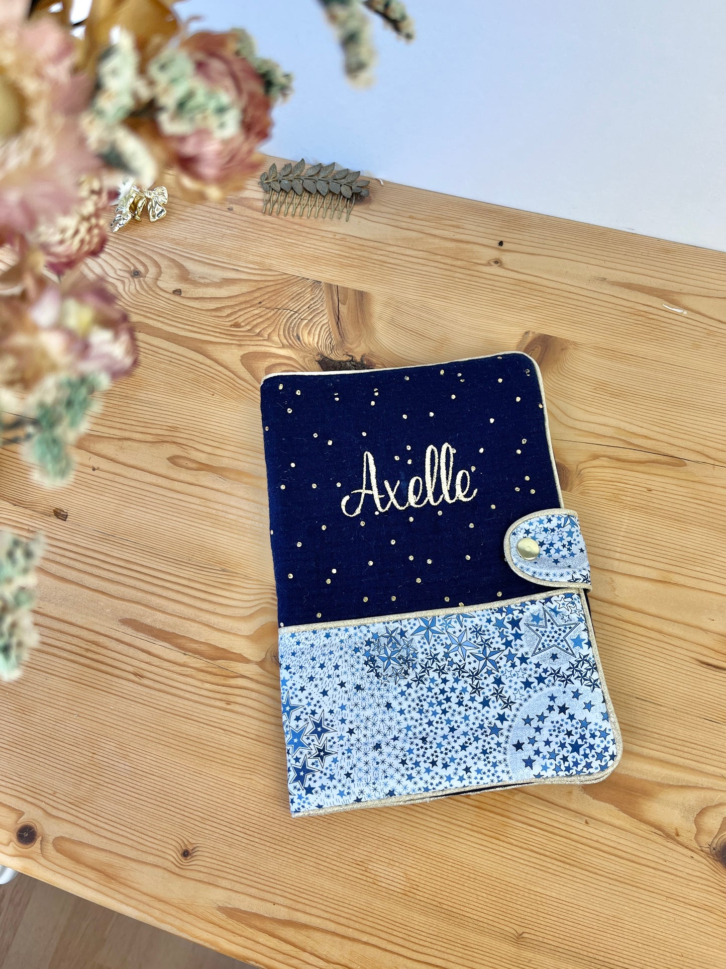 Mahé the navy and gold gauze notebook cover and Liberty Adelajda