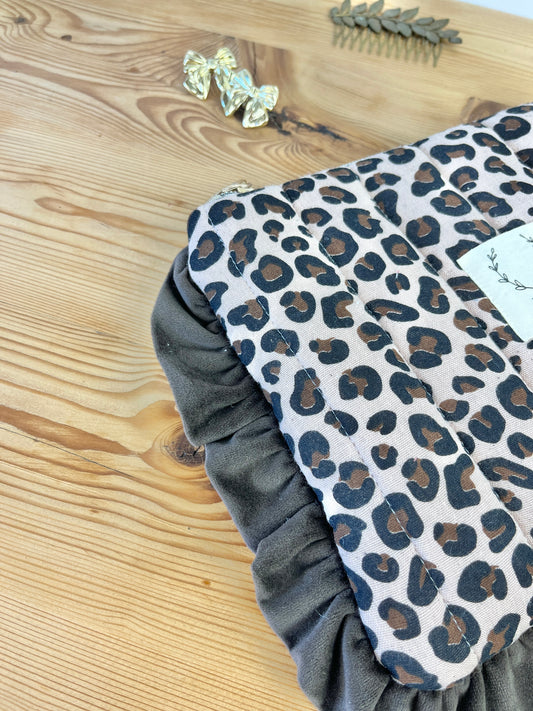 The Jeanne leopard print gauze clutch with velvet ruffles