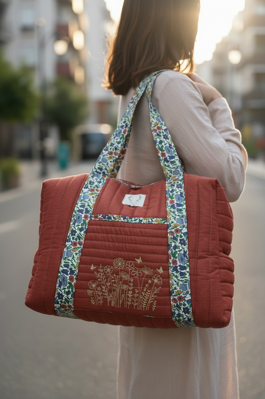 Hélène le sac à langer tomette brodé et liberty of London