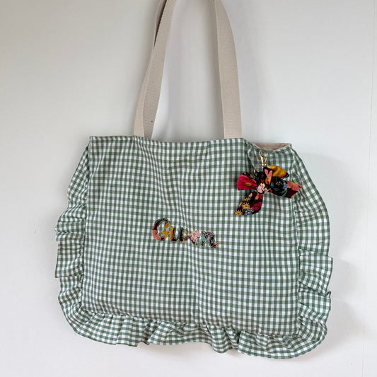 Le petit tote bag vichy sauge et fleurs