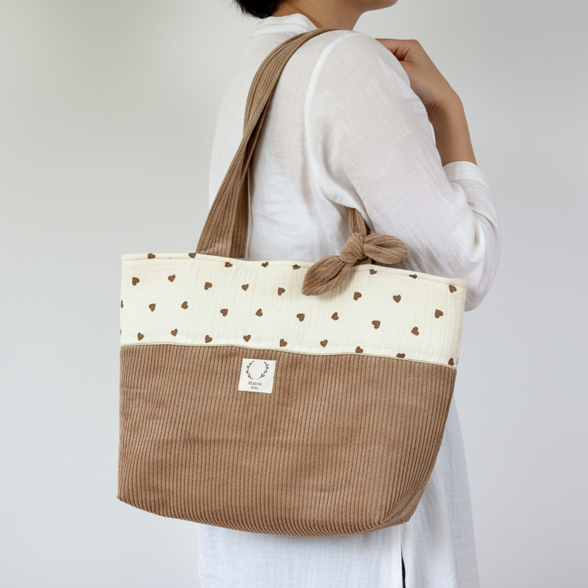 The large Adelaide tote bag in camel velvet and chocolate heart gauze