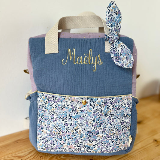 Le sac à dos enfant Ombeline double gaze indigot liberty wiltshire lilas