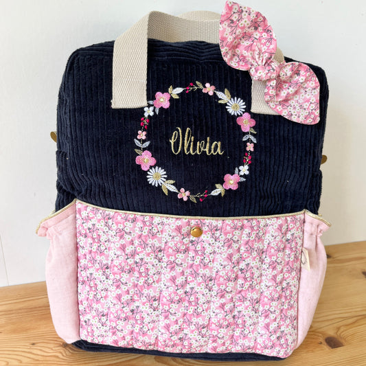 Le sac à dos enfant Ombeline personnalisé  mitsi rose et velours bleu marine