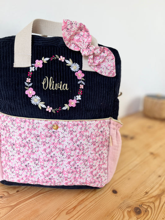 Le sac à dos enfant Ombeline personnalisé  mitsi rose et velours bleu marine