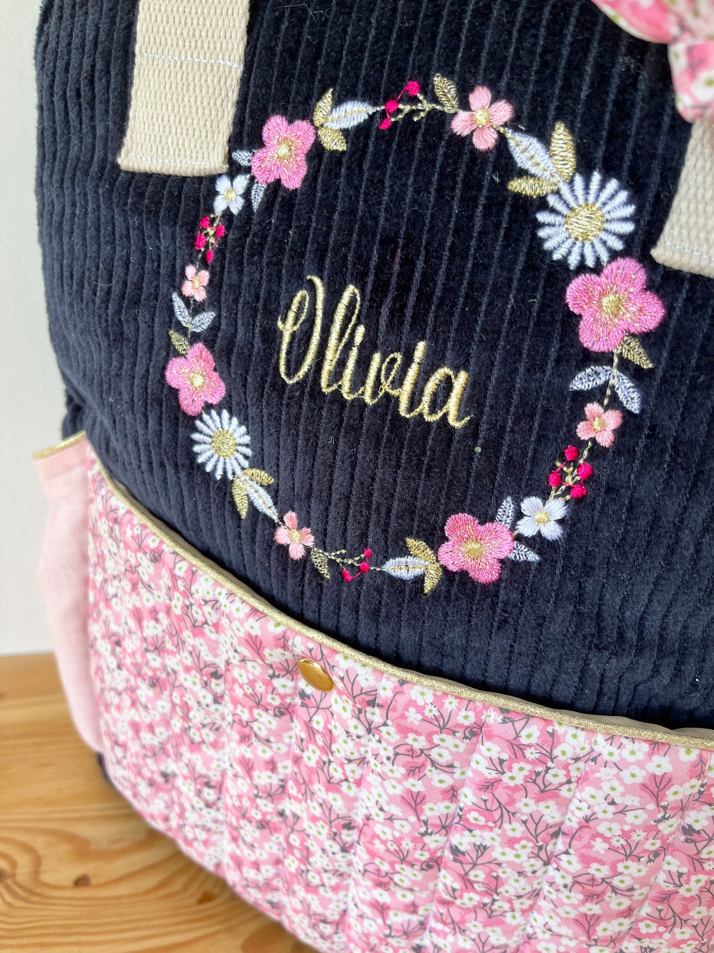 Le sac à dos enfant Ombeline personnalisé  mitsi rose et velours bleu marine