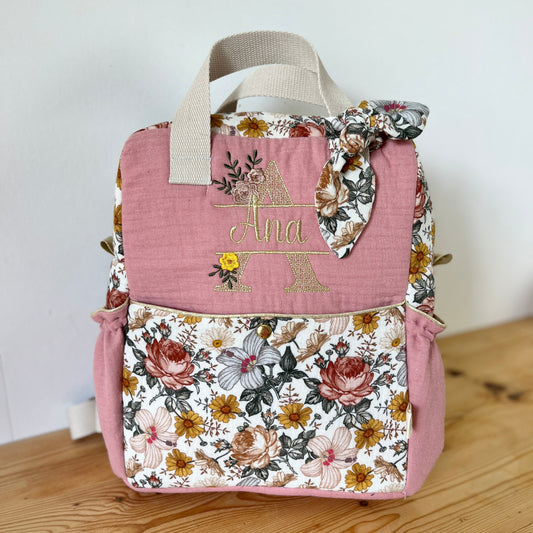 Le sac à dos enfant Ombeline  double gaze rose thé et vintage