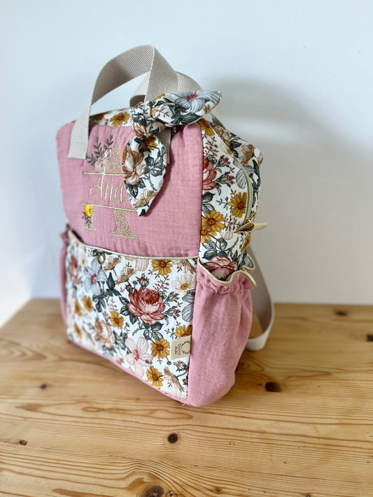 Le sac à dos enfant Ombeline  double gaze rose thé et vintage