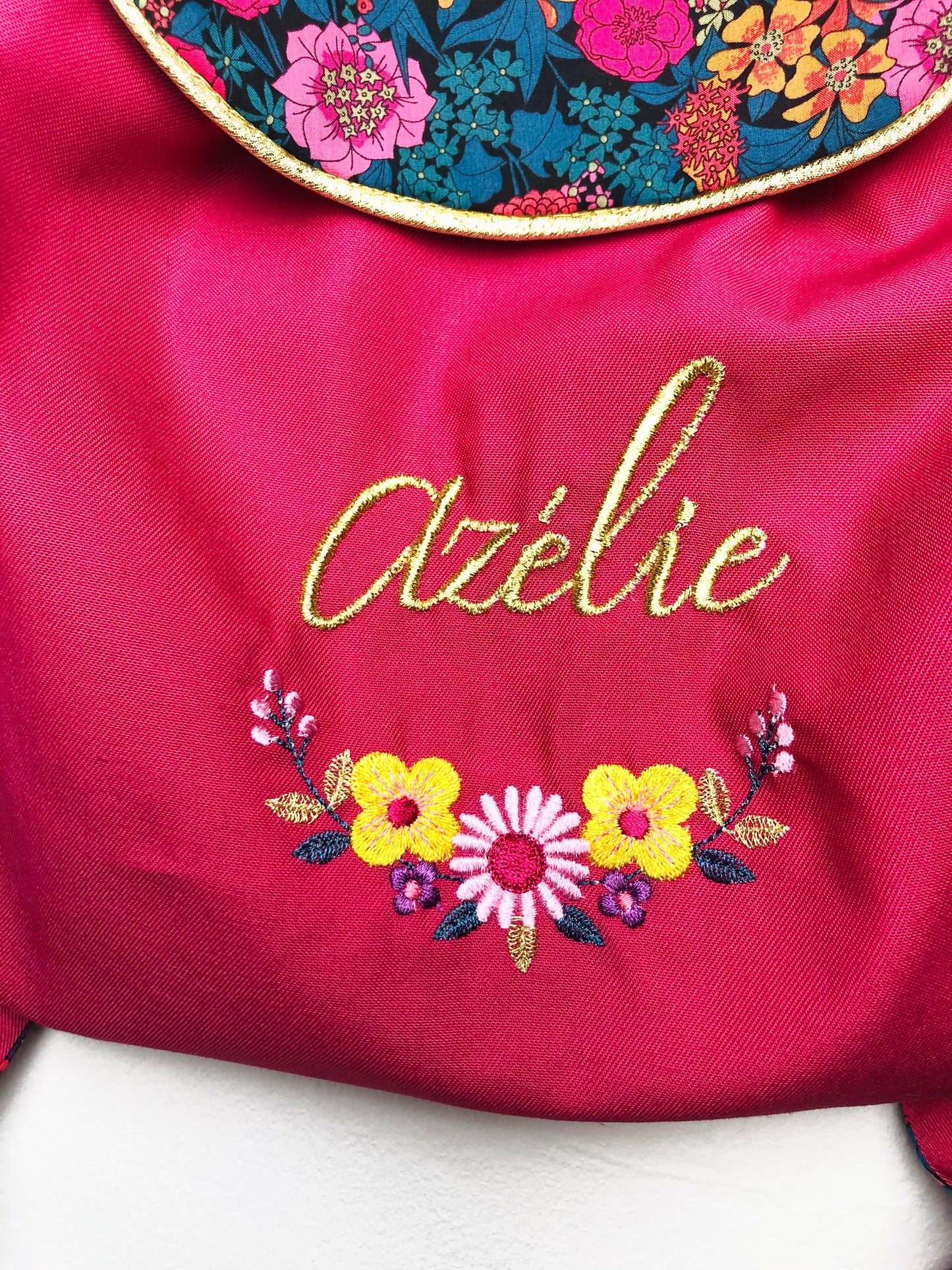 Le sac à dos enfant personnalisé Églantine gabardine fushia et Liberty Ciara