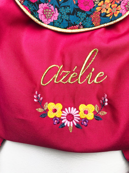 Le sac à dos enfant personnalisé Églantine gabardine fushia et Liberty Ciara