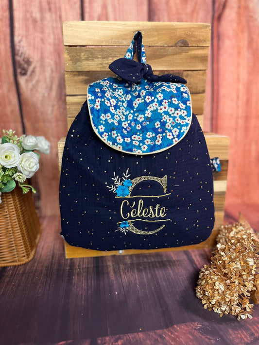 Le sac à dos enfant personnalisé Églantine Liberty of London mitsi outremer et bleu nuit doré
