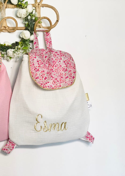 Le sac à dos Eglantine gaze blanche et Liberty Phoebe rose